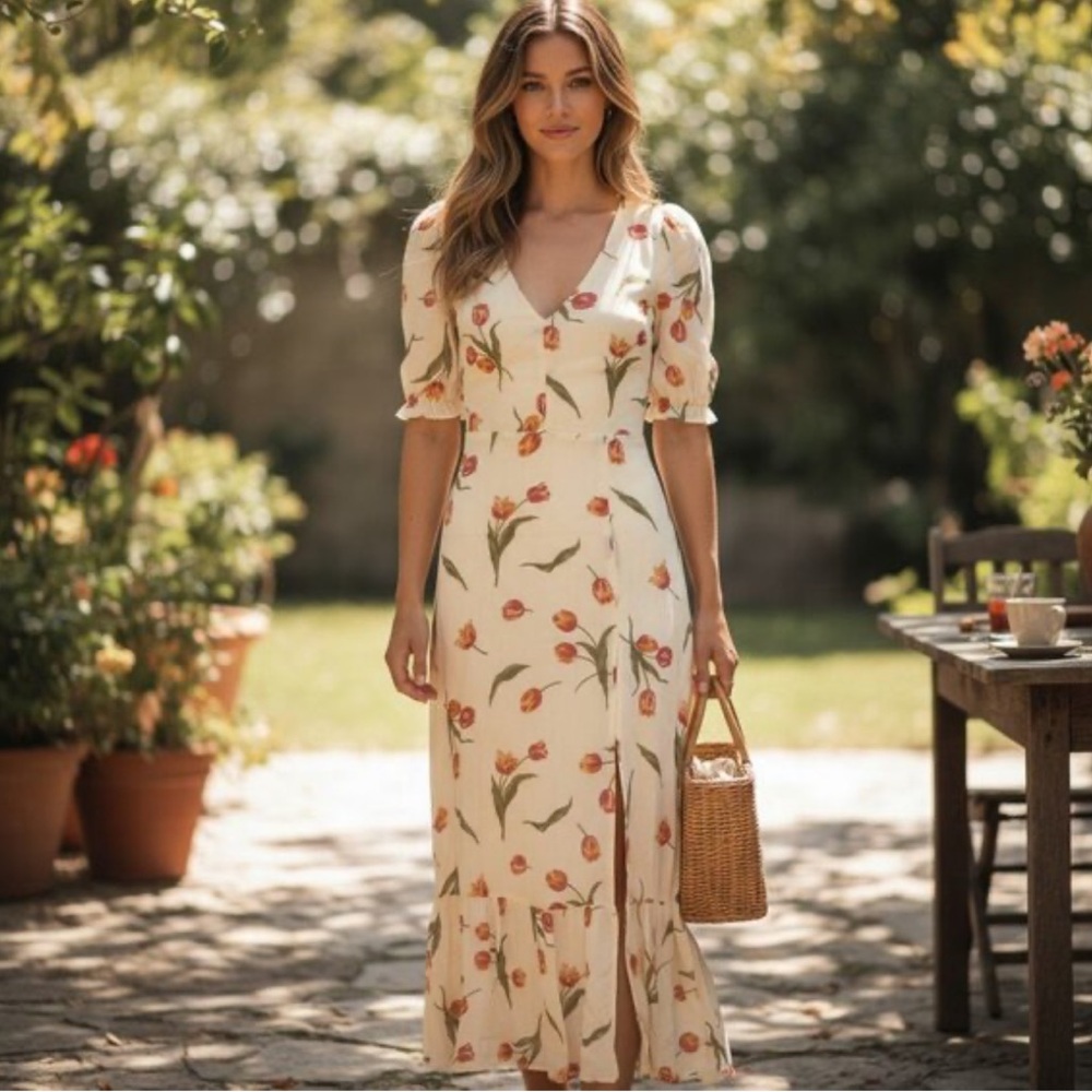 Reformation Nantes Dress Bianca Tulip Floral Midi Puff Sleeve
